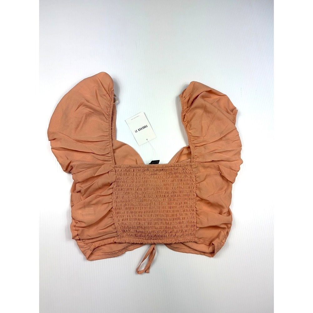 Forever 21 Blouse Small Peach Seashell Center Cinch Peasant Sleeve Cottagecore - Picture 7 of 11